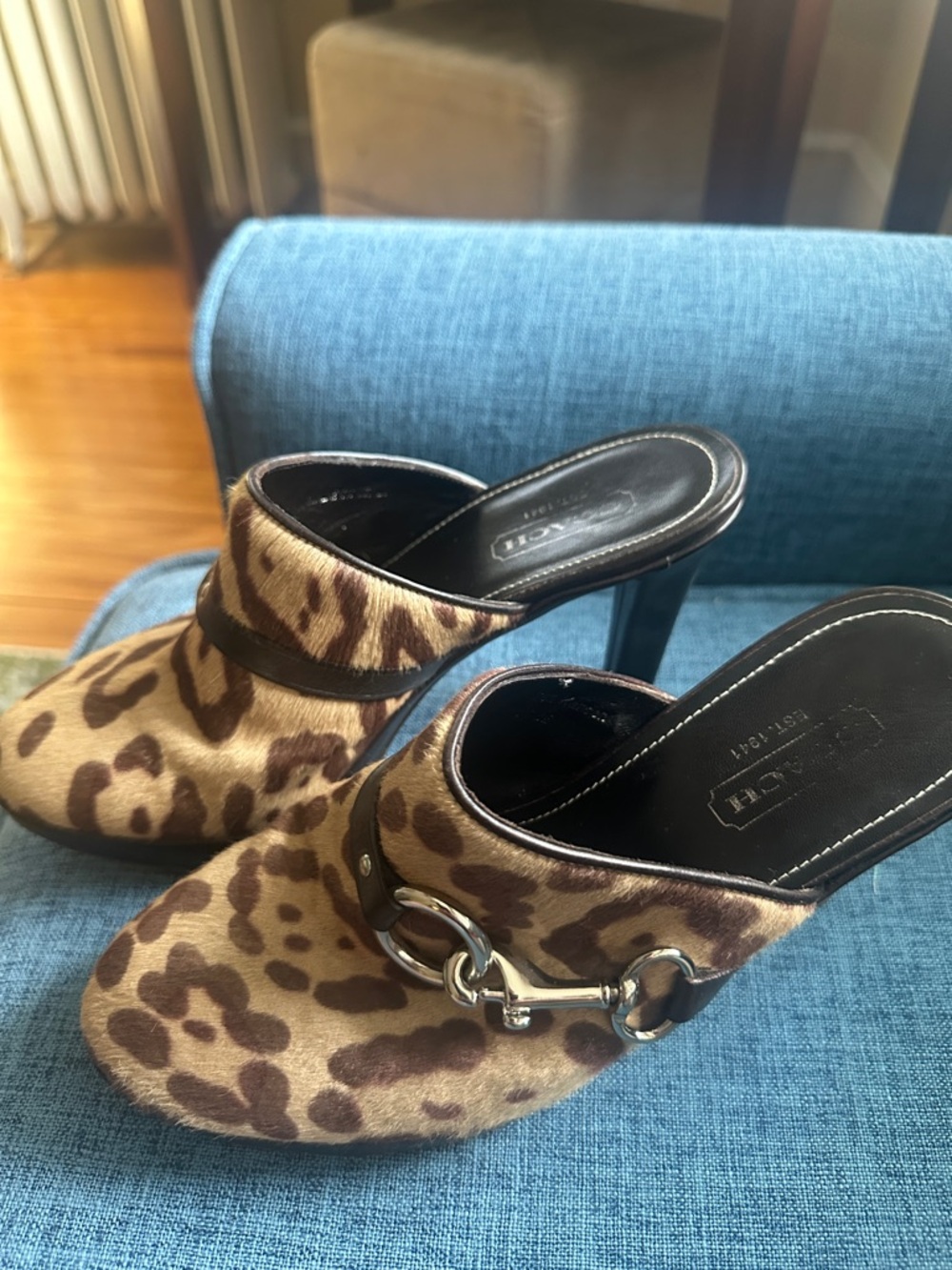 Coach Leopard Print Slip-On Mule Heels in Brown and Black